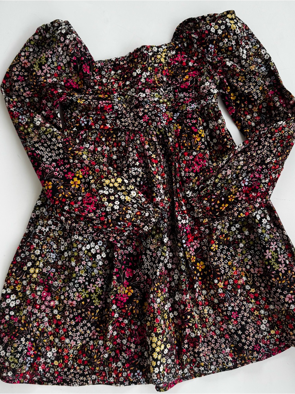 GAP Black Floral Smocked Long Sleeve Dress with Pink, Yellow & White Flowers